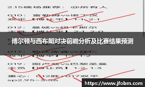 博尔顿与西布朗对决前瞻分析及比赛结果预测